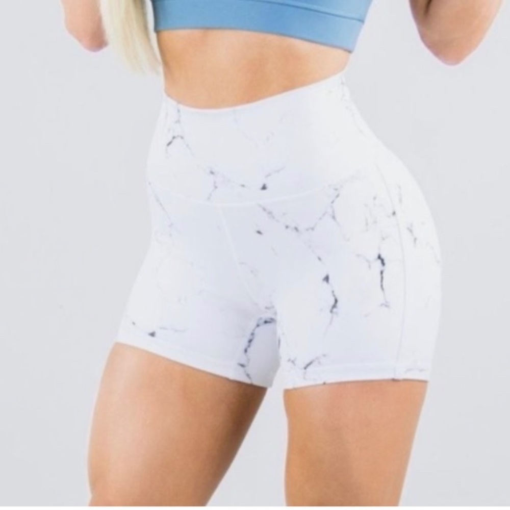 BuffBunny White Marble High-Waist Athletic Shorts - Picture 2 of 7